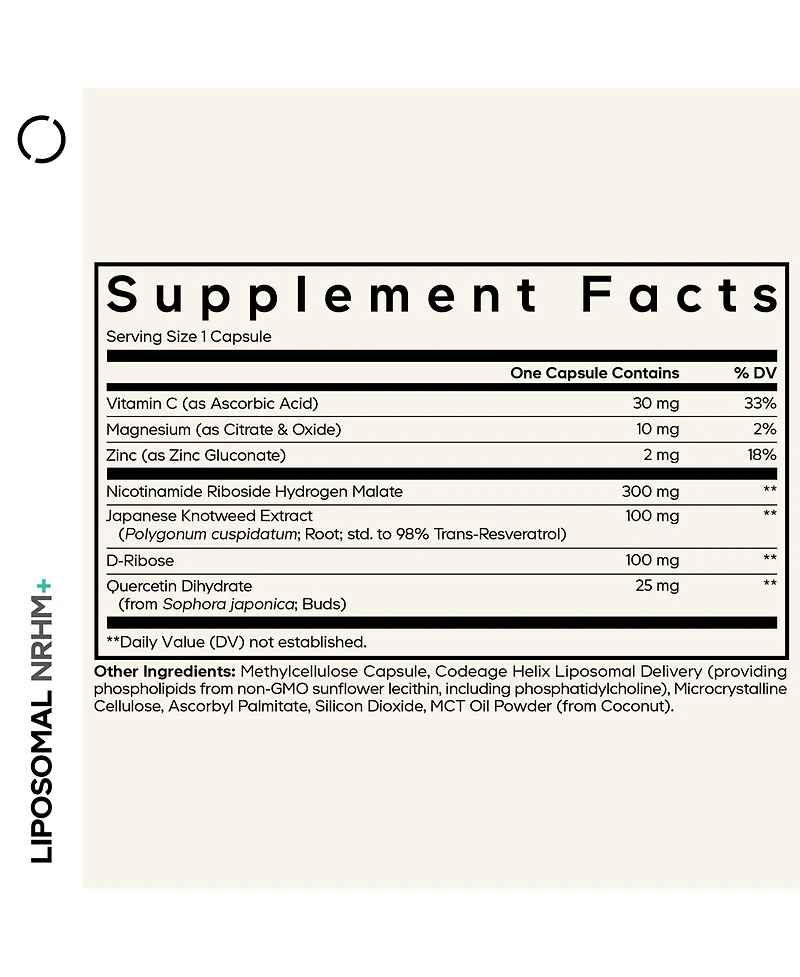 Codeage Liposomal Nrhm Resveratrol, D-Ribose, Quercetin, Magnesium, Vitamin C, 60 Capsules
