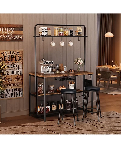 homfan 42 Inch Industrial Bar Table with Storage Power Outlet 2 Stools 3 Baker Rack 5 Hooks Microwave Stand Annual Rings Finish