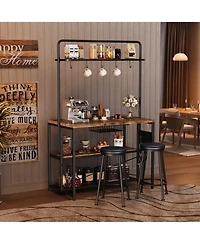 homfan 42 Inch Industrial Bar Table with Storage Power Outlet 2 Stools 3 Baker Rack 5 Hooks Microwave Stand Annual Rings Finish