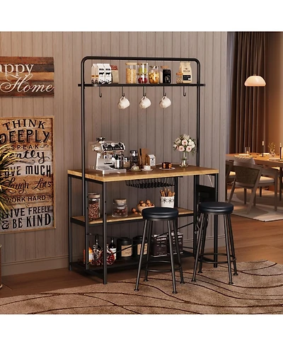 homfan 42 Inch Industrial Bar Table with Storage Power Outlet 2 Bar Stools 3 Baker Rack 5 Hooks Microwave Stand Annual Rings Finish