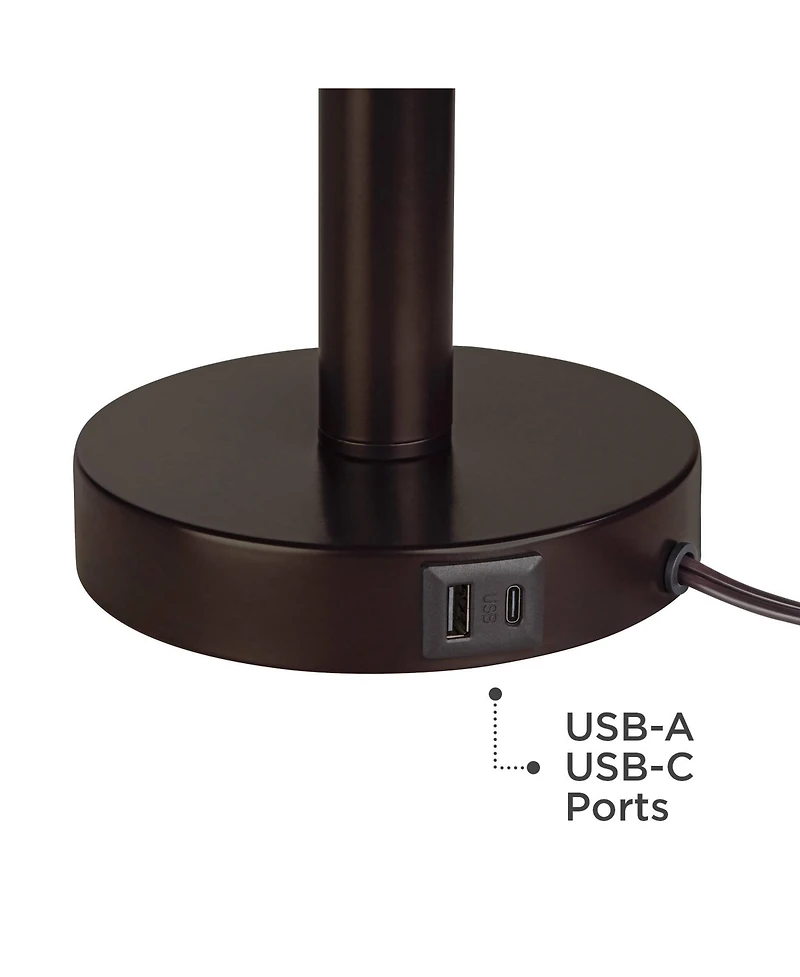 Franklin Iron Works Bernie Industrial Table Lamps Set of 2 with Round Risers 26 inches Tall Bronze Usb Charging Port Tan Drum Shade