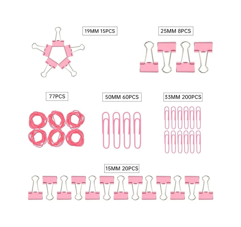 Danrong Binder Clips Paper Clips,380 Pcs Assorted Sizes Paperclips Paper Clamps Rubber Bands for Files, Papers, Home Supplies