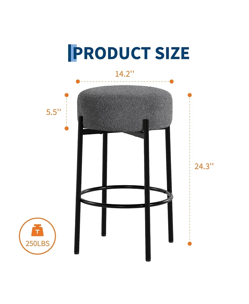 homfan 2PCS 24 Inch Round Backless Counter Bar Stools, Sherpa Upholstered Chairs with Footrest for Kitchen Island Cafe Home