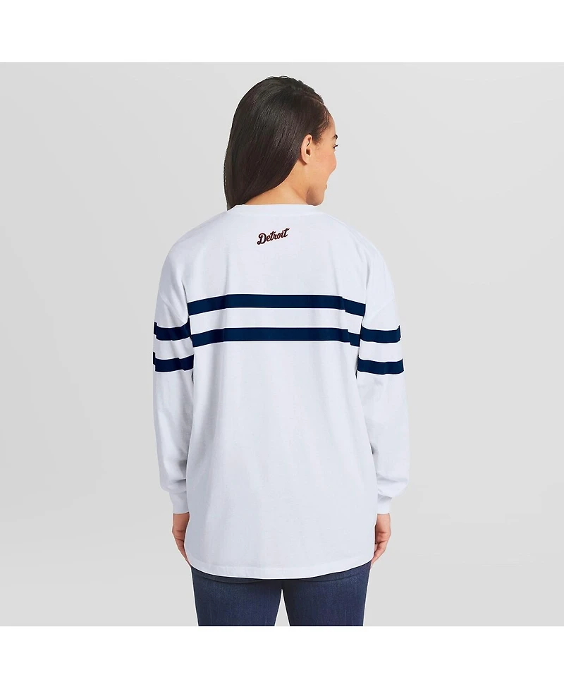 Wear by Erin Andrews Women's White Detroit Tigers Oversized Long Sleeve Striped T-Shirt