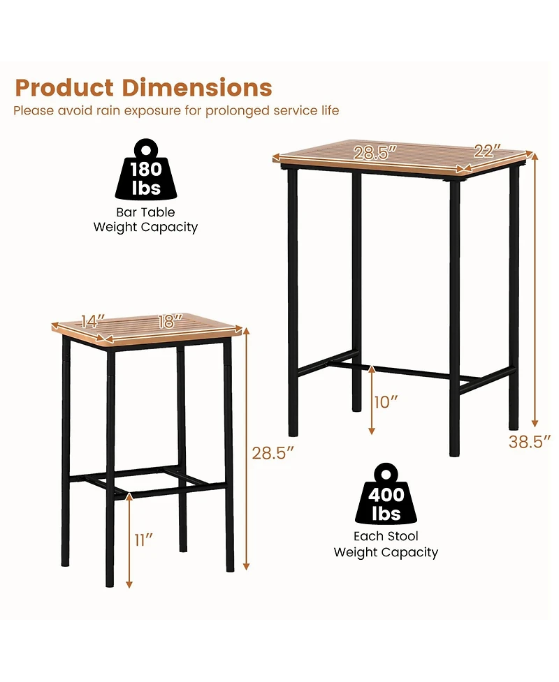 Slickblue Outdoor Bar Set 3 Piece Acacia Wood Table with Metal Frame