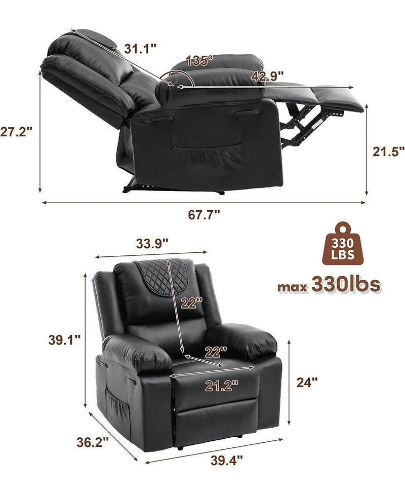 gaomon Oversized Pu Leather Manual Recliner with Vibration, Heating and Side Pocket. Perfect for Living Room or Bedroom