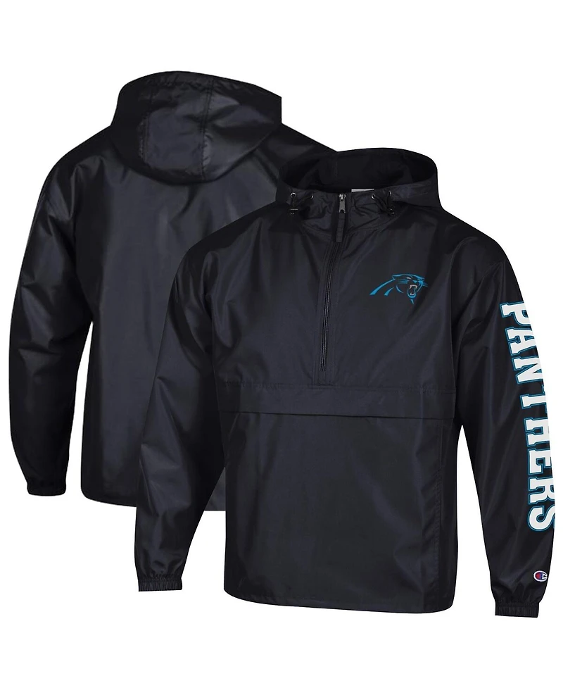Champion Men's Black Carolina Panthers Packable Hooded Windbreaker Half-Zip Jacket