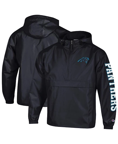 Champion Men's Black Carolina Panthers Packable Hooded Windbreaker Half-Zip Jacket