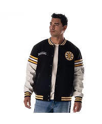The Wild Collective Men's and Women's Black Boston Bruins Drop Shoulder Full-Snap Varsity Jacket