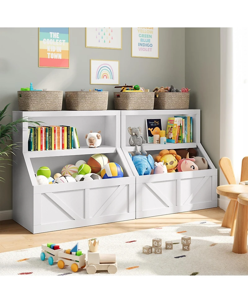 homfan Kids Bookshelf and Toy Storage, 2 Tier Organizer with Storage Cabinet, Toddler Shelf Bookcase for Playroom, Living Room, Classroom