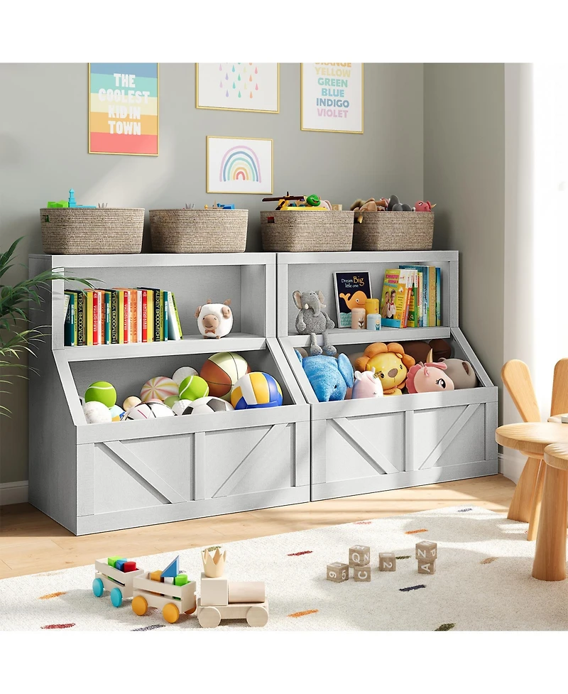 homfan Kids Bookshelf and Toy Storage, 2 Tier Toy Organizer with Storage Cabinet, Toddler 2 Shelf Bookcase for Playroom, Living Room, Classroom