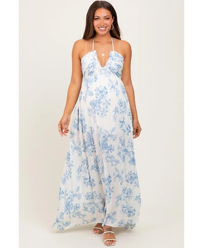 Pinkblush Maternity Light Blue Floral Tie-Back Halter Maxi Dress
