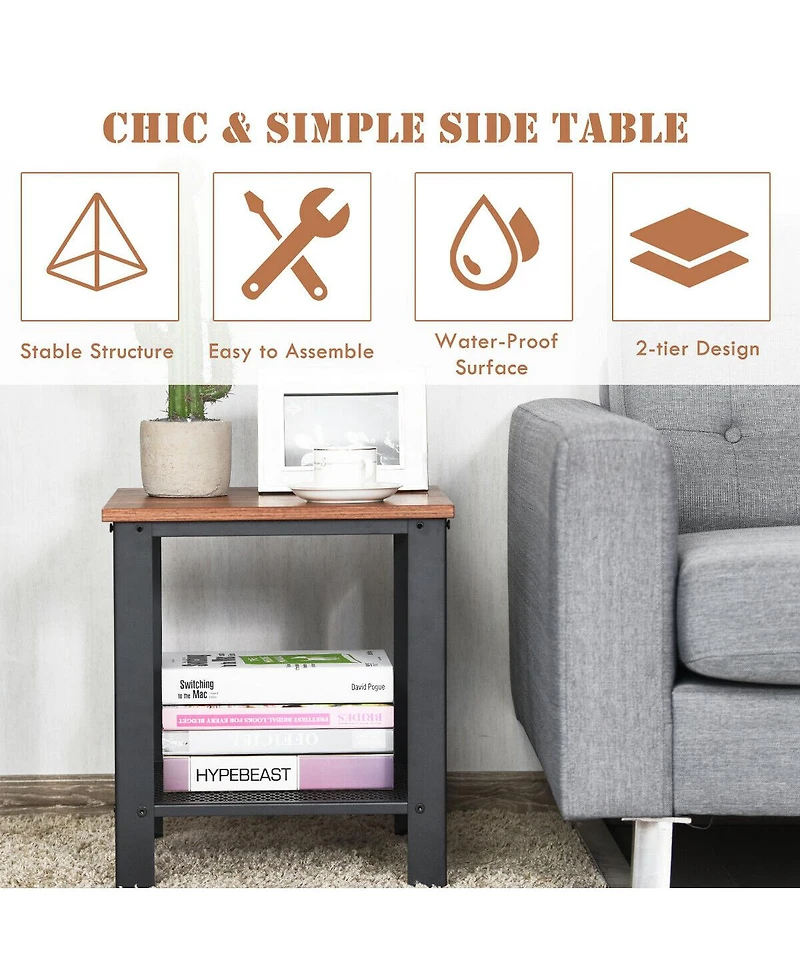 Gymax Set of 2 Industrial End Table 2Tier Side Table W/Storage Shelf Sofa Table