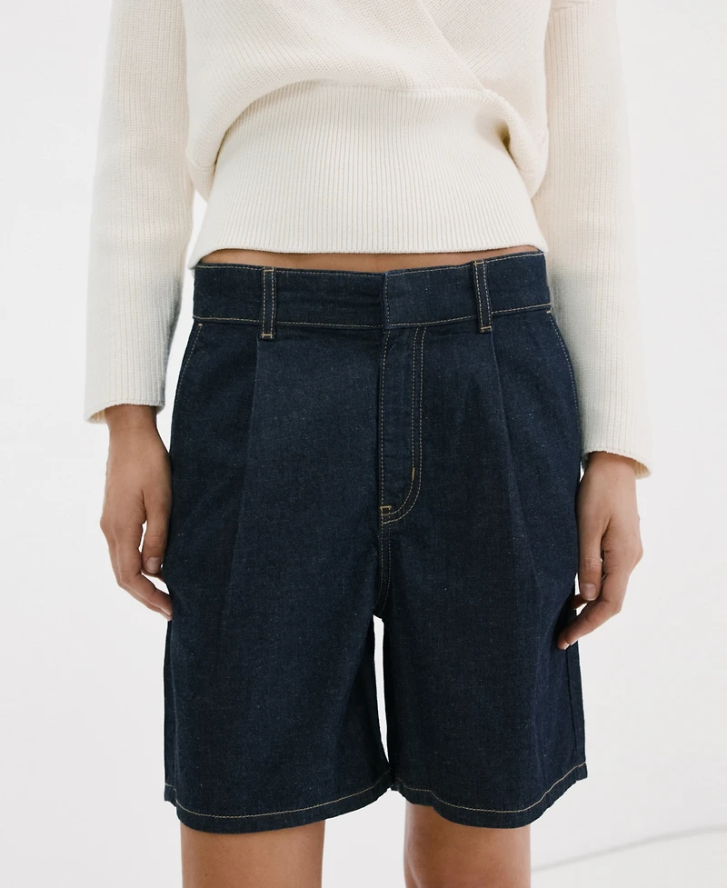 Mango Women's Pleats Mid-Rise Denim Bermuda Shorts