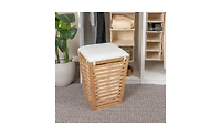 Household Essentials Slatted Natural Hamper with Cushioned Lid and Removable Cotton Bag, Natural