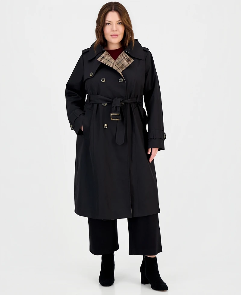 London Fog Plus Plaid Collar Belted Trench Coat, Created for Macy's