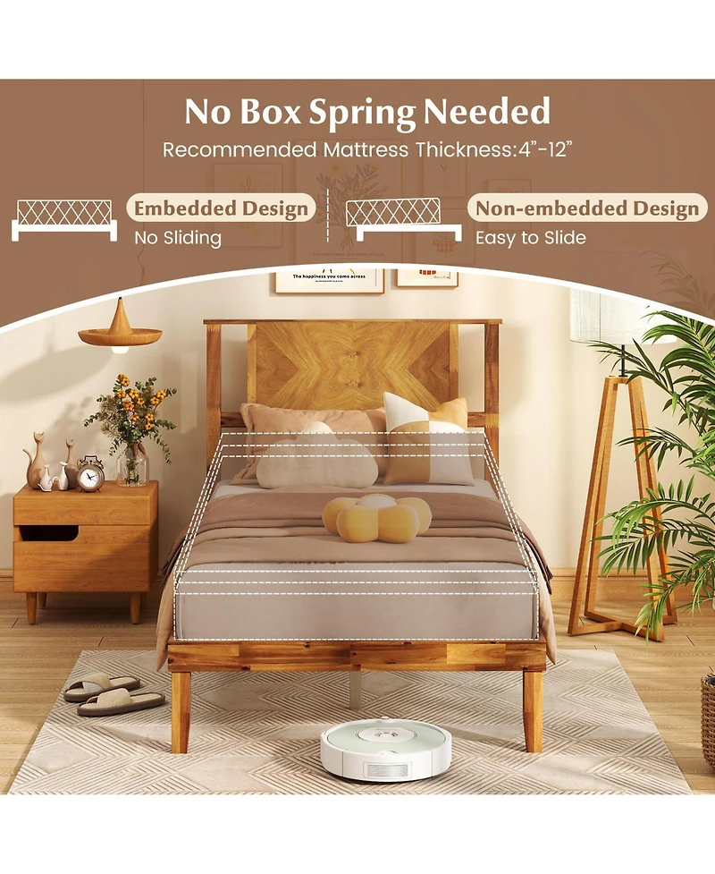 Sugift Twin Size Bed Frame Mid-Century Acacia Wood Platform Bed with Headboard