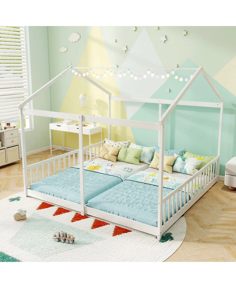Sugift Double Floor Bed for Twins House Beds with Safety Guardrails for 2 Kids