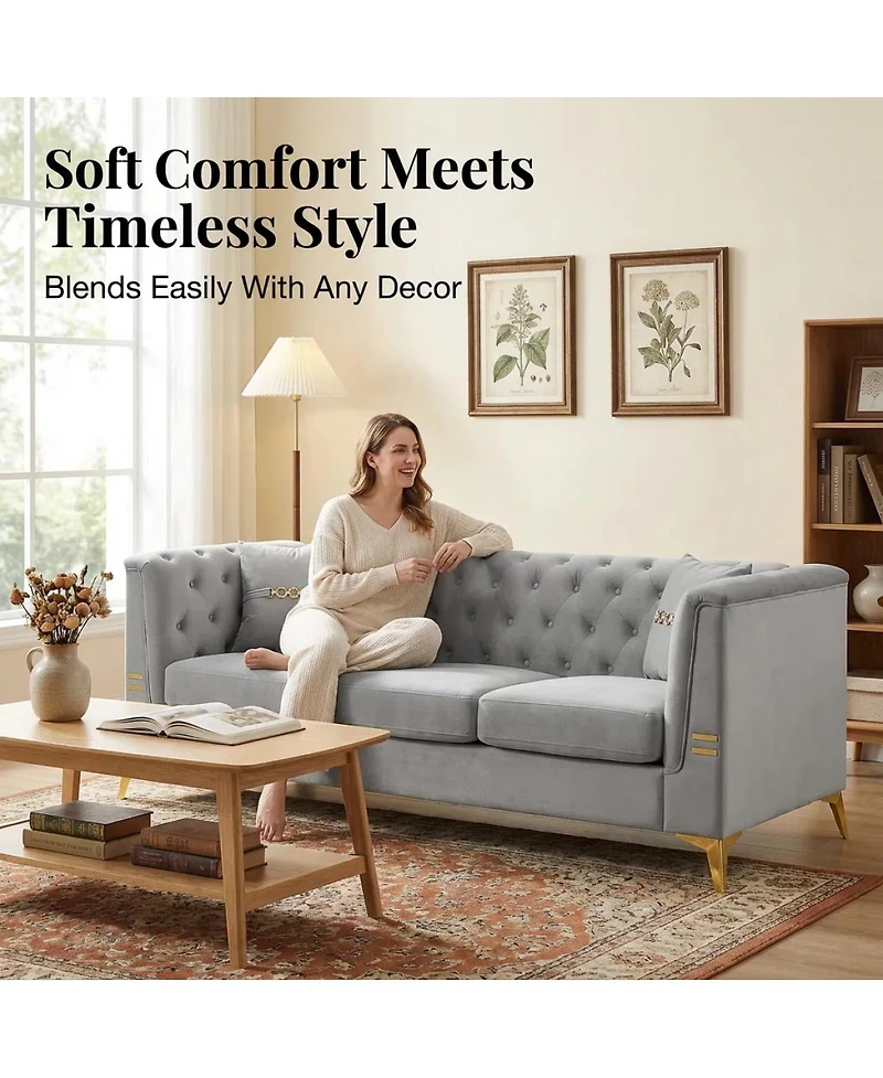 Streamdale Furniture Mid-Century Modern Faux Sherpa Sofa with Gold Accents