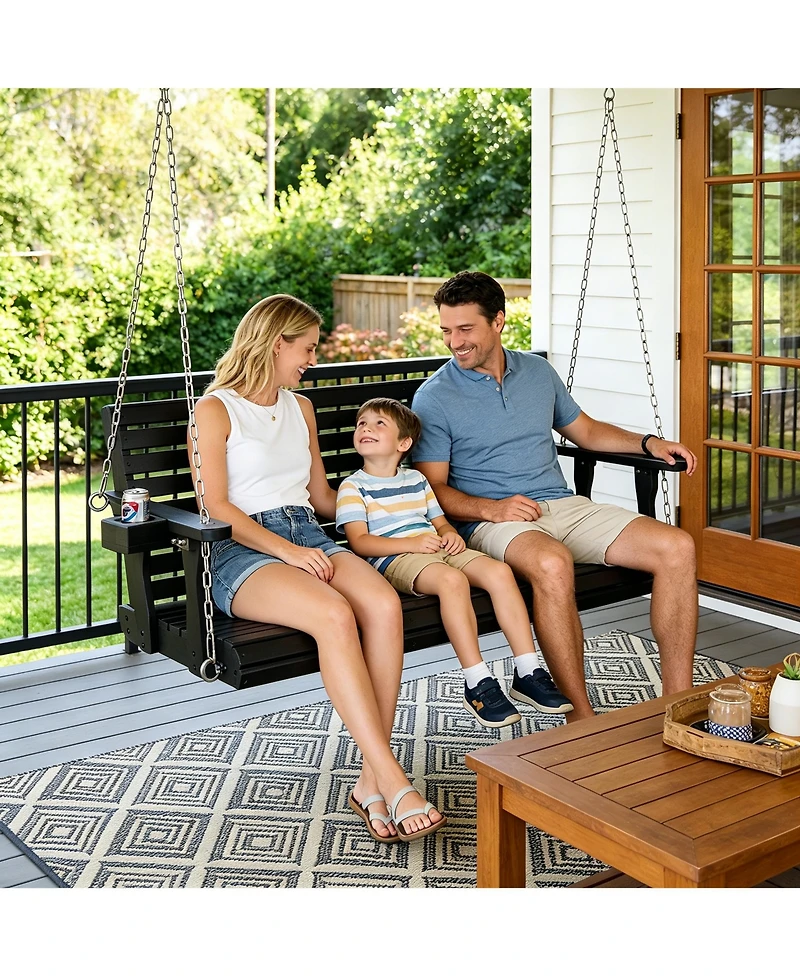 Mega Casa Wooden Porch Swing 3-Seater, High Backrest and Deep Seat, Bench with Cupholders, for Outdoor Patio Garden (Cedar Tone, 5 Ft Extra Larg