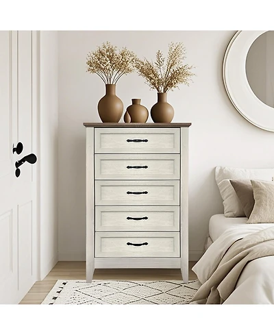 gaomon 5 Drawer Vintage Wood Dresser, Tall Modern Wood Storage Chest