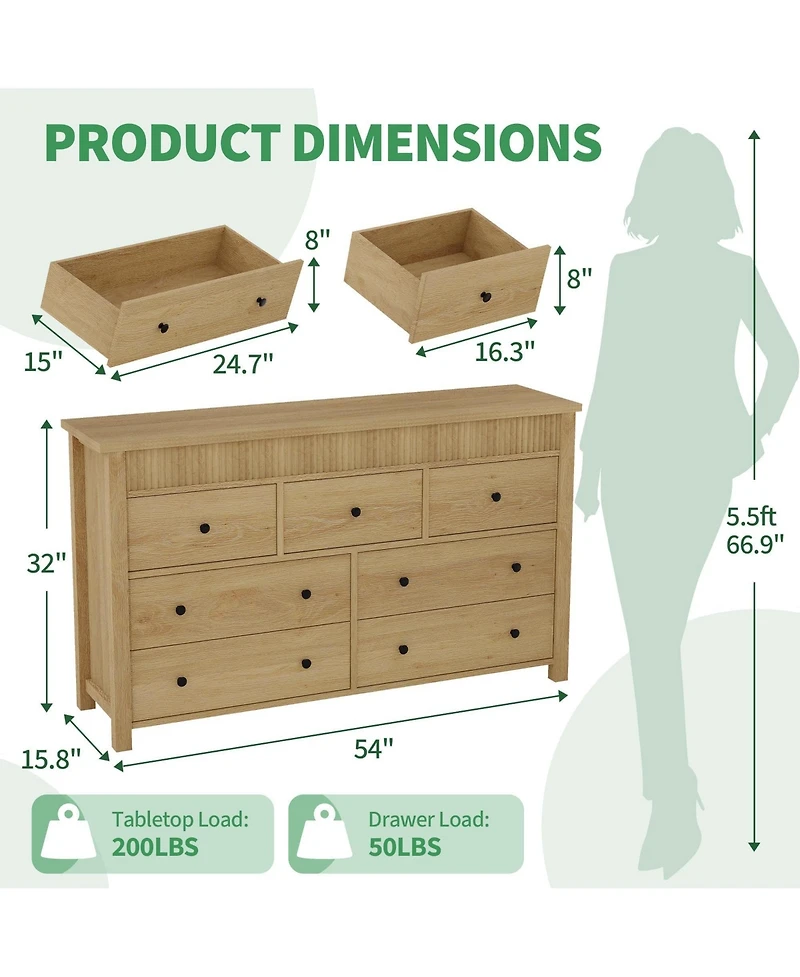 gaomon 7 Drawer Fluted Dresser for Bedroom, Wooden Storage Chest with Deep Drawers, Modern Tv Stand Organizer