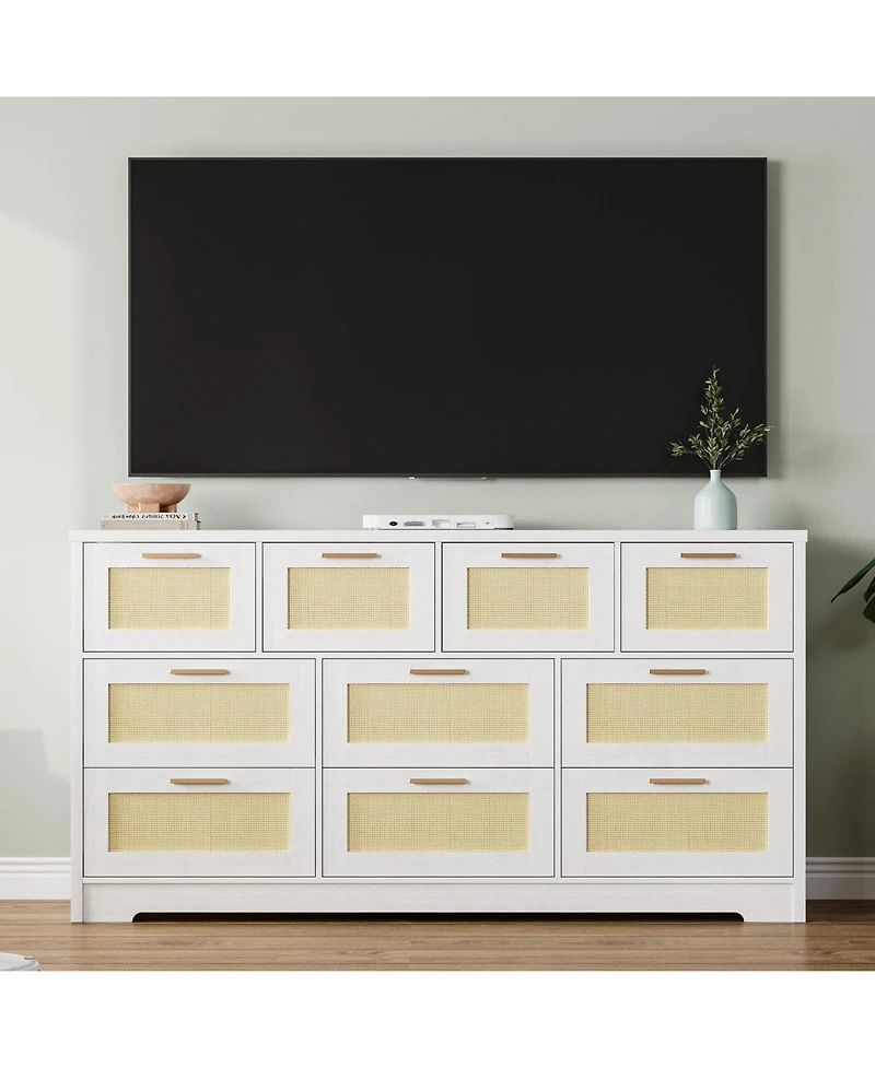 gaomon 10 Drawer Rattan Dresser for Bedroom, Modern Farmhouse Wooden Storage Cabinet with Handles