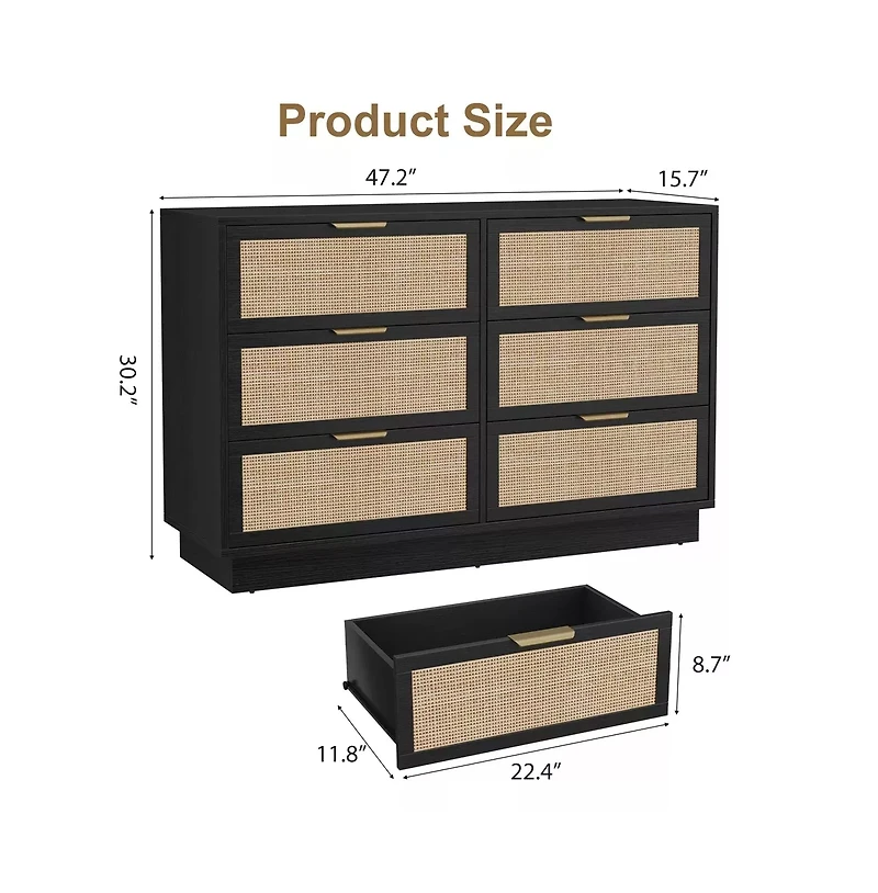 gaomon Rattan 6 Drawer Dresser with Metal Handles, 47" Wide Double Storage Chest for Bedroom Home Office
