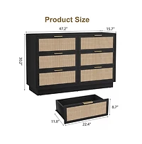 gaomon Rattan 6 Drawer Dresser with Metal Handles, 47" Wide Double Storage Chest for Bedroom Home Office