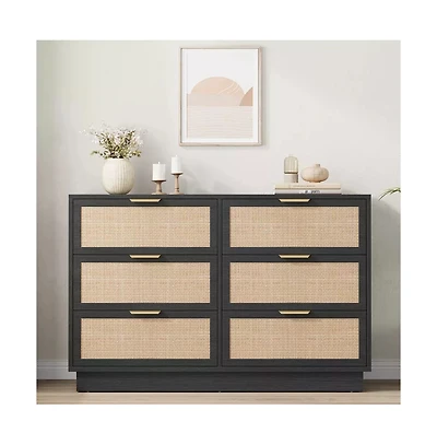 gaomon Rattan 6 Drawer Dresser with Metal Handles, 47" Wide Double Storage Chest for Bedroom Home Office