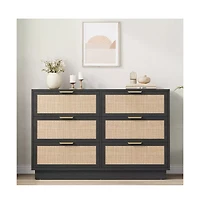 gaomon Rattan 6 Drawer Dresser with Metal Handles, 47" Wide Double Storage Chest for Bedroom Home Office