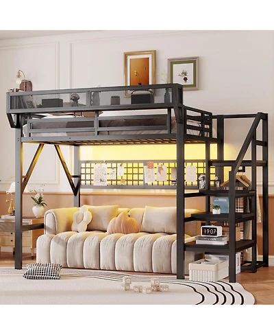 Streamdale Furniture Metal Full Loft Bed with Stairs, Light and Storage