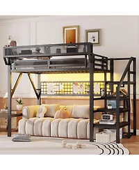 Streamdale Furniture Metal Full Loft Bed with Stairs, Light and Storage