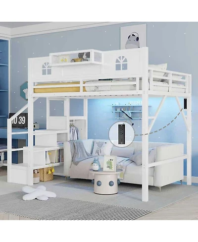 Streamdale Furniture Metal Full Loft Bed with Stairs and Wardrobe