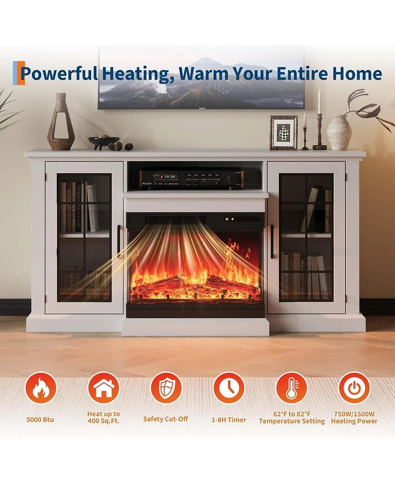 gaomon 75" Fireplace Tv Stand for TVs up to 85", Entertainment Center with 40" 3-Sided Electric Fireplace and Led Lights