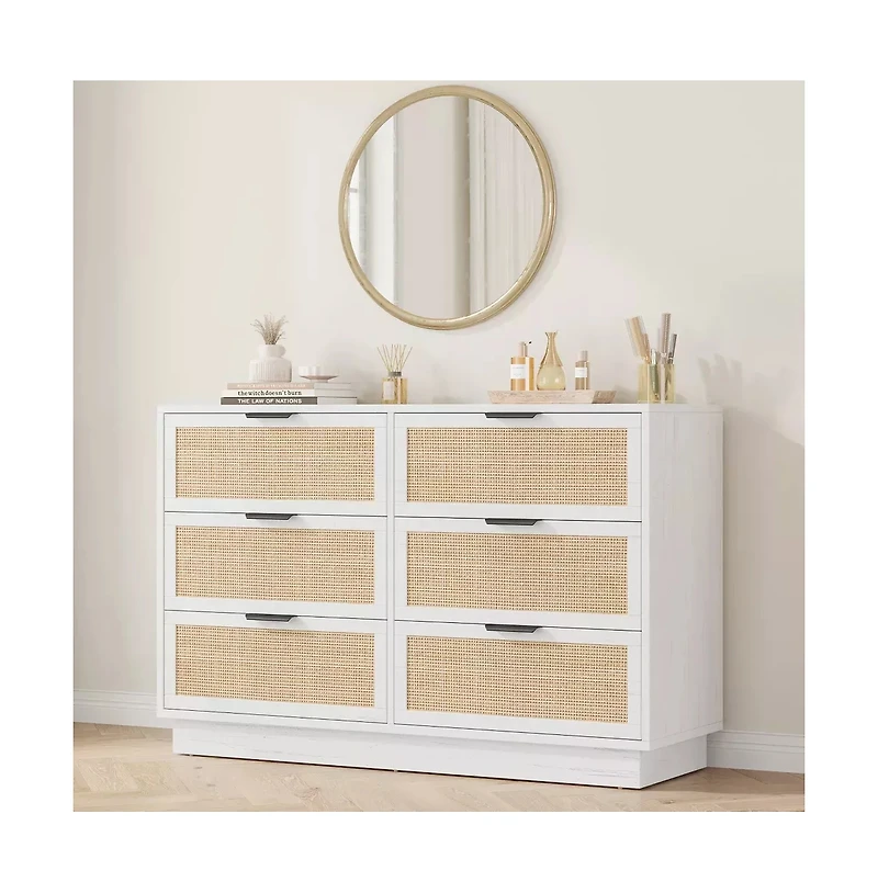 gaomon Rattan 6 Drawer Dresser with Metal Handles, 47" Wide Double Storage Chest for Bedroom Home Office