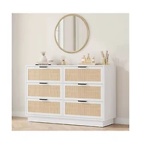 gaomon Rattan 6 Drawer Dresser with Metal Handles, 47" Wide Double Storage Chest for Bedroom Home Office