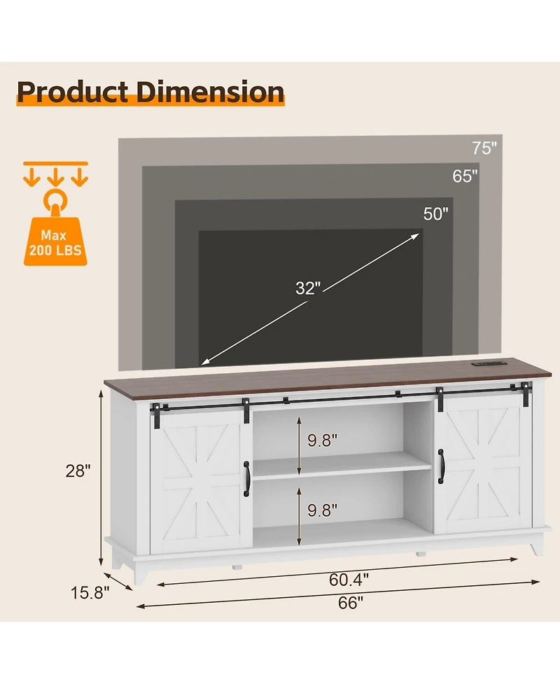 gaomon 66" Farmhouse Tv Stand for TVs up to 75", Media Console with Sliding Barn Doors, Adjustable Shelf and Charging Station