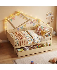 Slickblue Kids Full House Bed Frame with Roof and Safety Rails
