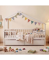 Slickblue Kids Full House Bed Frame with Roof and Safety Rails