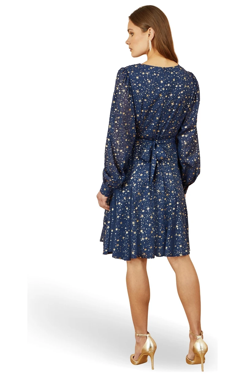 Yumi Women's Star Print Foil Long Sleeve Dress