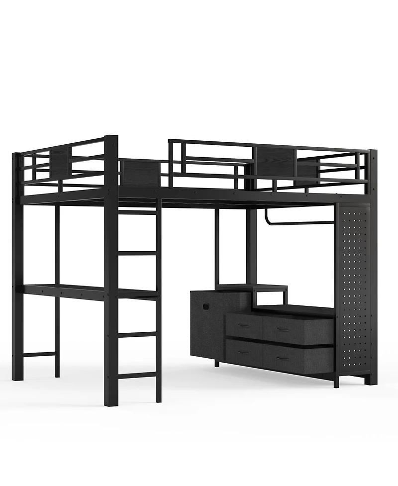 Streamdale Furniture Queen Loft Bed w/ Desk, Shelves, Pegboard, Laundry Bag