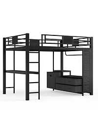 Streamdale Furniture Queen Loft Bed w/ Desk, Shelves, Pegboard, Laundry Bag