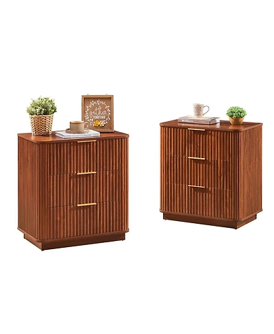Streamdale Furniture Walnut 3-Drawer Nightstand, 23.6 inches W Curved Wave Design.