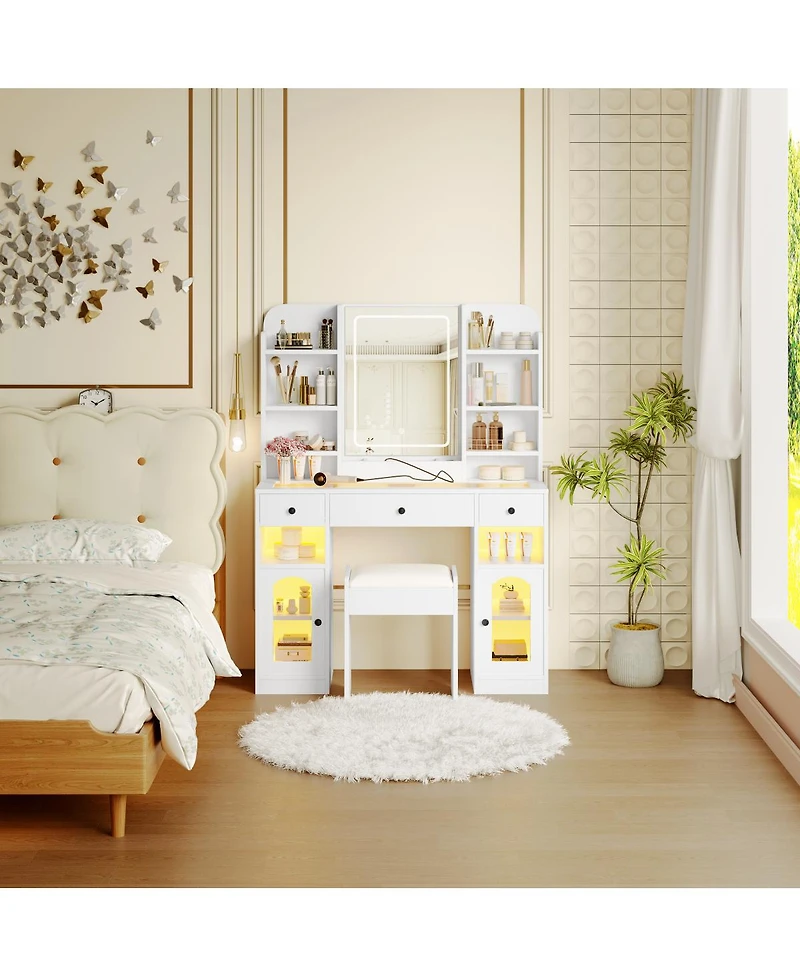 Streamdale Furniture Led Vanity Desk with Mirror, Rgb Lights, Storage, and Stool