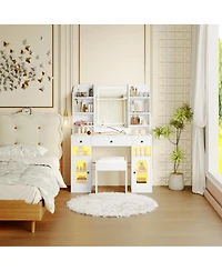 Streamdale Furniture Led Vanity Desk with Mirror, Rgb Lights, Storage, and Stool