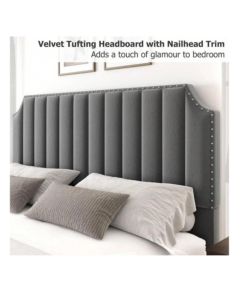 gaomon Queen Platform Bed Frame, Velvet Upholstered, 50.2" Vertical Channel Tufted Headboard & Footboard, Nailhead Trim