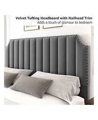 gaomon Queen Platform Bed Frame, Velvet Upholstered, 50.2" Vertical Channel Tufted Headboard & Footboard, Nailhead Trim