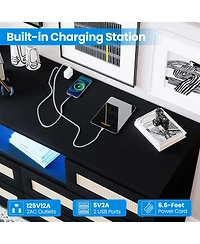 gaomon Rattan 6-Drawer Bedroom Dresser, Natural Wood Chest with Led Light & Charging Station, Tv Stand for Nursery Entryway Hallway