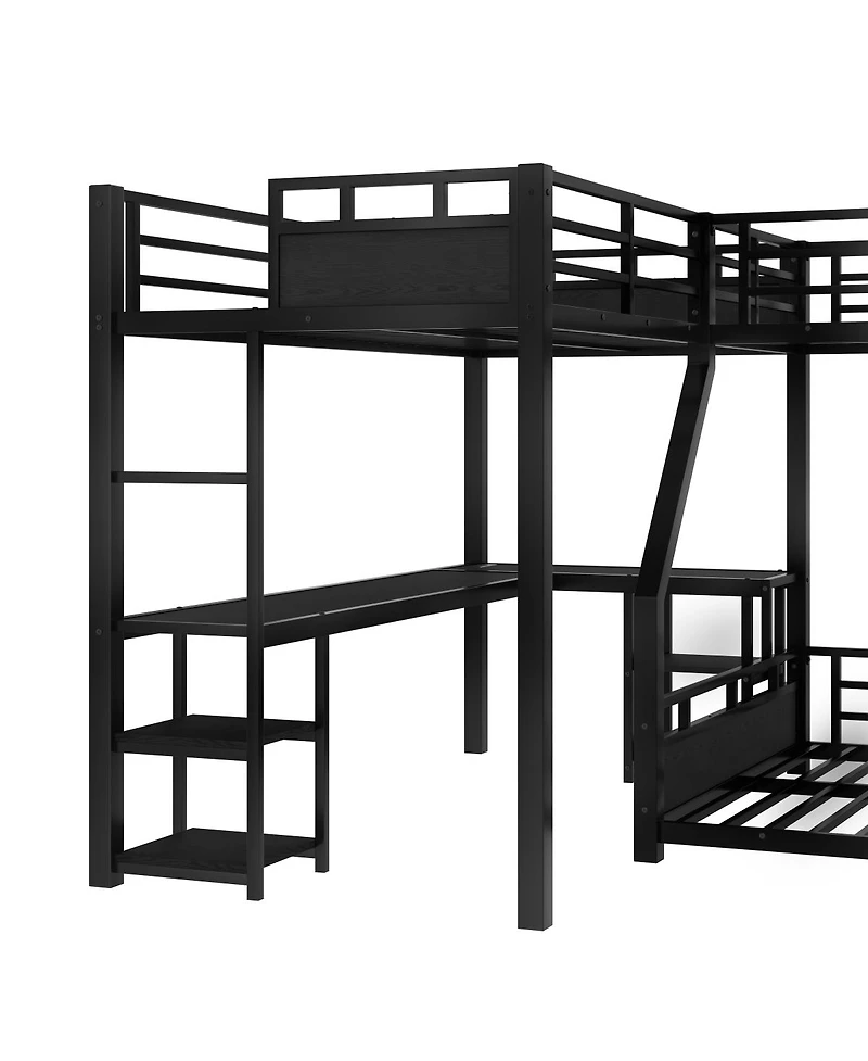 Streamdale Furniture L-Shaped Metal Triple Bunk Bed with Slide, Desk, Usb